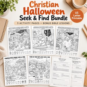 May include: A Christian Halloween seek and find bundle featuring five activity pages and bonus Bible lessons. The pages include black and white illustrations with titles like Shine Your Light, Jesus Is My Light, and God Made Me Boo-tiful.
