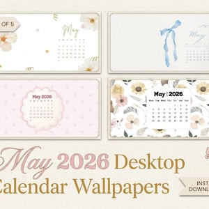 Puede incluir: Un paquete de cinco fondos de pantalla de calendario de escritorio de mayo de 2026. Los diseños presentan detalles florales y de cinta en colores pastel suaves. El texto "May 2026 Desktop Calendar Wallpapers" se muestra. Descarga instantánea.