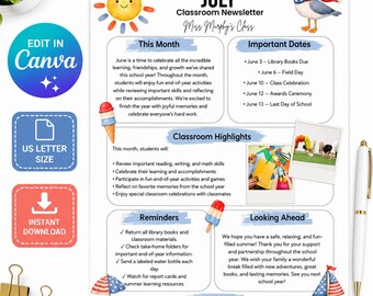 July Classroom Newsletter Template | Editable Canva Teacher Newsletter | Summer School Newsletter | Preschool | Kindergarten