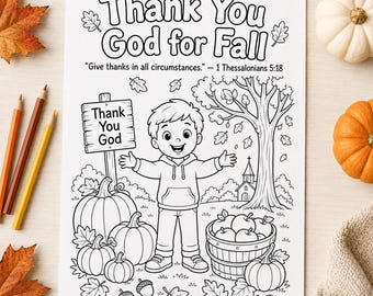 Thank You God for Fall Coloring Page, Christian Fall Printable, Sunday School Thanksgiving Activity, Thessalonians 5:18 Bible Coloring Page