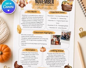 November Klassenzimmer Newsletter Vorlage | Bearbeitbarer Canva Lehrer Newsletter | Erntedank Elternbrief | Herbst Klassenzimmer Rundbrief