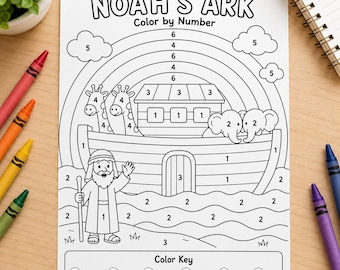 Noah’s Ark Color by Number Printable | Christian Coloring Activity for Kids | Sunday School Worksheet | Homeschool Bible Activity | VBS PDF