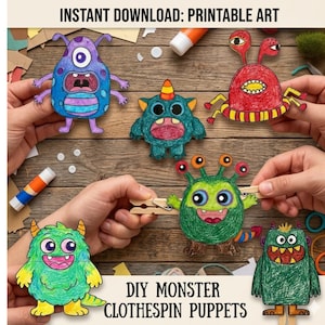 May include: Printable art featuring colorful monster clothespin puppets. The image shows various hand-drawn monsters in shades of blue, green, red, and purple. The text "INSTANT DOWNLOAD: PRINTABLE ART" and "DIY MONSTER CLOTHESPIN PUPPETS" are visible.
