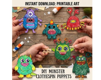 Marionetas de monstruos con pinzas de ropa para imprimir, actividad manual para niños, recuerdos para fiestas de monstruos, descarga digital instantánea PNG, proyecto de arte para la escuela en casa