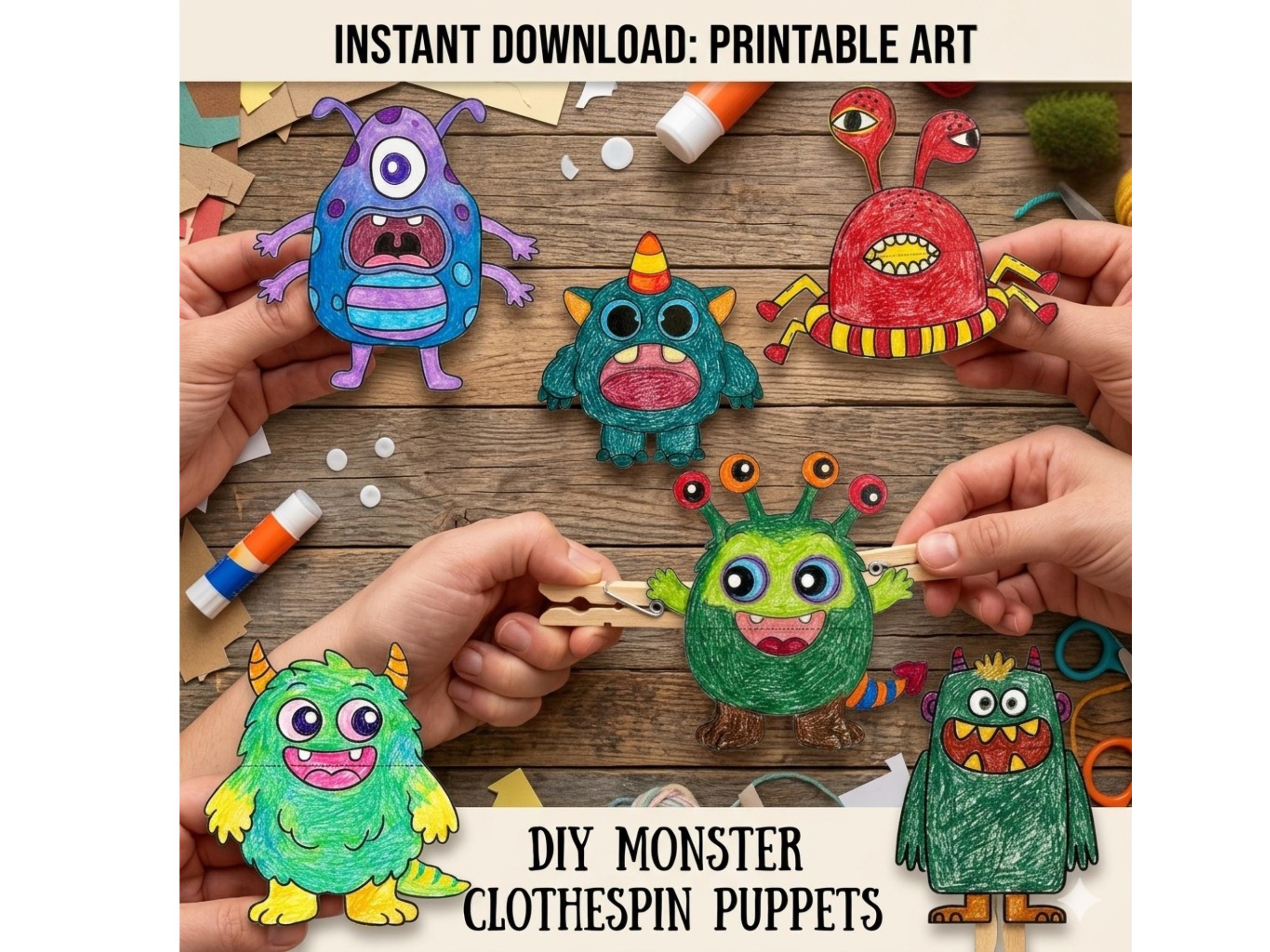 Puppet Pattern Monster Printable Monster Clothespin Puppets, DIY Kids Craft Activity, Monster ...
