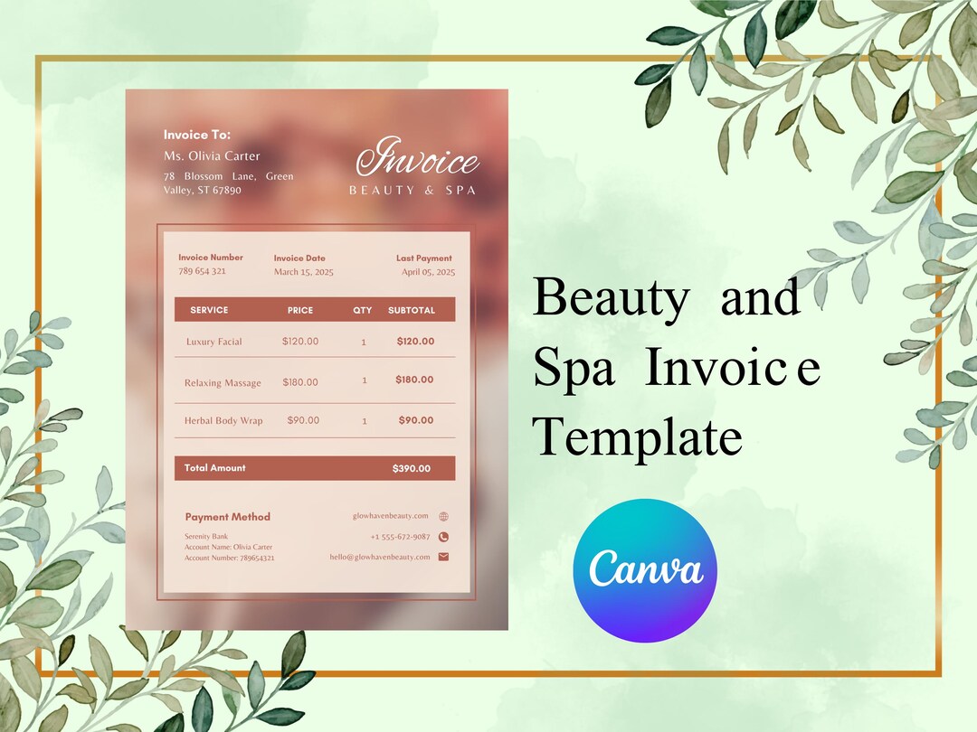 Spa Invoice Template | Clean Minimalist Canva Invoice for Beauty, Salon ...