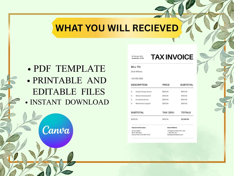 Tax Invoice Template | Minimalist Invoice, Editable Canva Template for ...