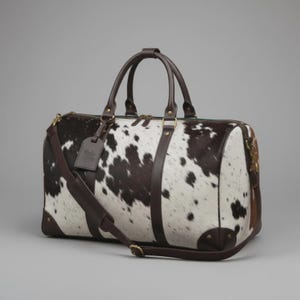 May include: A cowhide duffel bag with brown leather detailing. The bag has a spotted pattern of white and dark brown, with a brown leather handle and shoulder strap. Gold-coloured hardware and a leather tag complete the design.