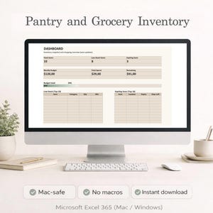 Peut inclure: Un écran d'ordinateur affichant une feuille de calcul "Pantry and Grocery Inventory". L'écran montre des tableaux de données pour les articles totaux, le budget et les articles expirant. Le texte "Mac-safe", "No macros", et "Instant download" est visible.