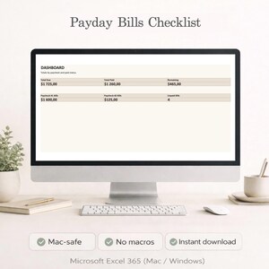 Peut inclure: Un écran d'ordinateur affiche une "Payday Bills Checklist" sous forme de feuille de calcul. L'écran montre des données financières, y compris les totaux et les montants restants. Un clavier, une souris et une tasse de café sont également visibles. Le texte "Mac-safe", "No macros", et "Instant download" est visible.