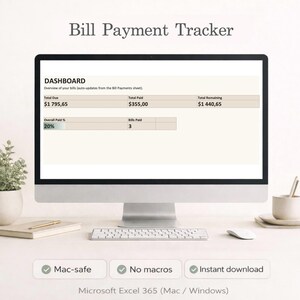 Peut inclure: Un écran d'ordinateur affichant un tableau de bord "Bill Payment Tracker". Il présente des données financières telles que "Total Due", "Total Paid" et "Total Remaining". On peut également lire "Mac-safe", "No macros" et "Instant download".
