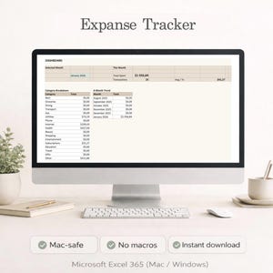 Peut inclure: Un écran d'ordinateur affiche un tableur de suivi des dépenses intitulé "Expanse Tracker". Le tableau de bord montre les données financières de janvier 2026, y compris le total dépensé et les transactions. Le tableur est conçu pour Microsoft Excel 365 et est compatible Mac.