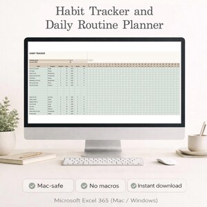 Peut inclure: Un écran d'ordinateur affiche un suivi des habitudes et un planificateur quotidien. L'écran montre une feuille de calcul pour le suivi des habitudes. Le texte "Habit Tracker and Daily Routine Planner" est en haut. Le bas de l'écran affiche "Mac-safe", "No macros" et "Instant download".