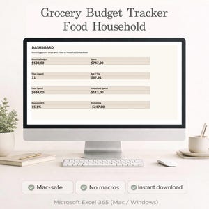 Peut inclure: Un écran d'ordinateur affiche un tableur "Grocery Budget Tracker" avec des détails de budget et de dépenses mensuelles. L'écran montre les données des voyages et des dépenses du ménage. Le texte en bas indique qu'il est compatible Mac, sans macros et téléchargeable instantanément.