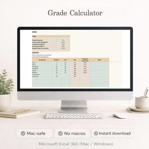 Peut inclure: Un écran d'ordinateur affiche une feuille de calcul intitulée "Calculateur de notes". La feuille de calcul présente des sections d'objectifs et de notes avec des détails d'évaluation. L'écran affiche également des icônes "Mac-safe", "No macros" et "Instant download".