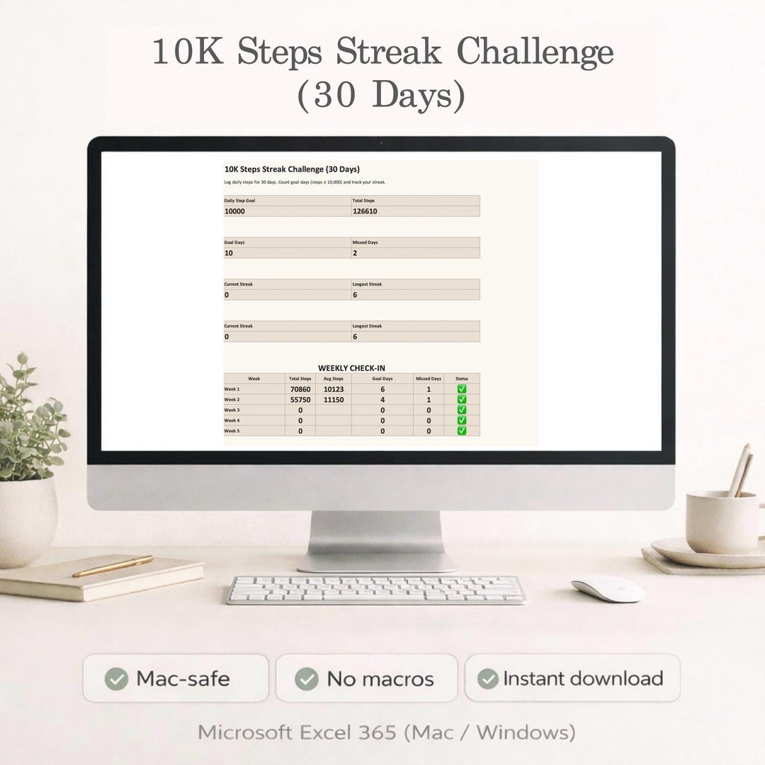 Weekly Streak 10K Steps Streak Challenge (excel) – 30-day Walking Goal, Streak ...