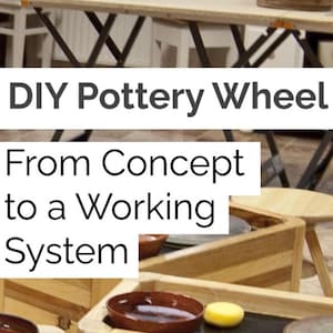 May include: Image featuring text that reads "DIY Pottery Wheel From Concept to a Working System." The image shows a pottery wheel setup with wooden elements, including a table and containers. A small wooden stool is also visible.