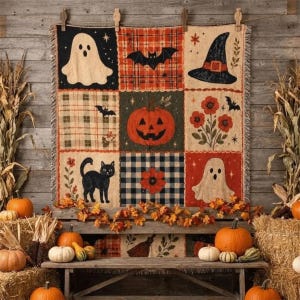 Può includere: Una coperta tessuta con un design a griglia di nove pannelli con motivi di Halloween tra cui fantasmi, una zucca, un gatto nero, un cappello da strega, pipistrelli e motivi floreali nei colori arancione, nero, crema e verde su tessuto.