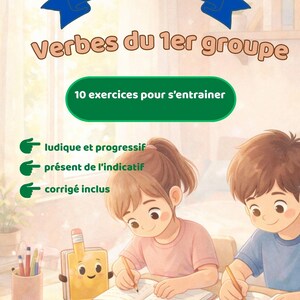 Może przedstawiać: Ilustracja edukacyjna dla francuskiej koniugacji CE1. Przedstawia dwoje dzieci piszących w zeszytach, z nakładkami tekstowymi wskazującymi temat: czasowniki, ćwiczenia i kluczowe pojęcia. Zawiera uroczą postać ołówka.