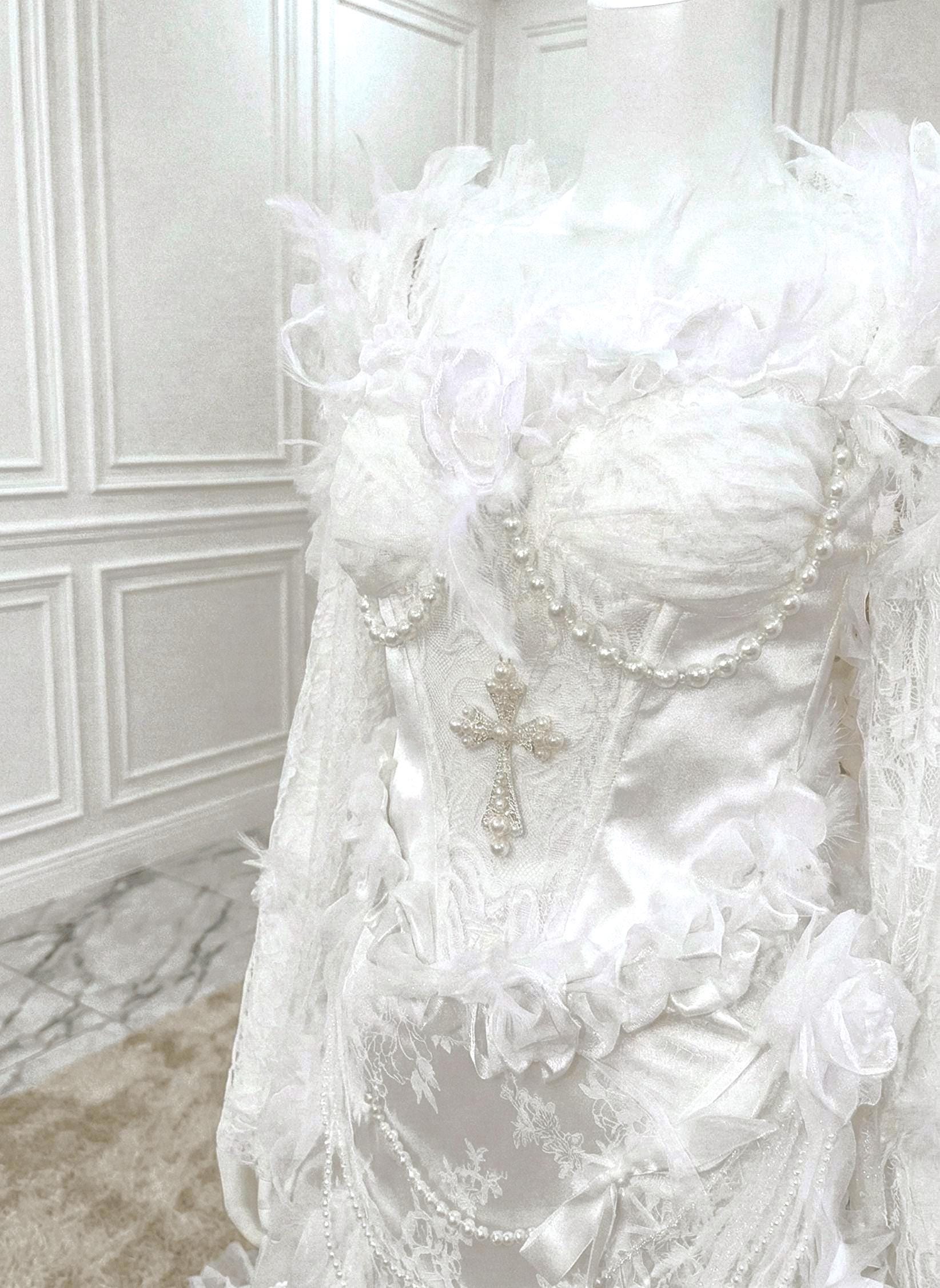 White Gothic Lace Wedding Dress, Feather Corset Gown, Angelic Victorian ...
