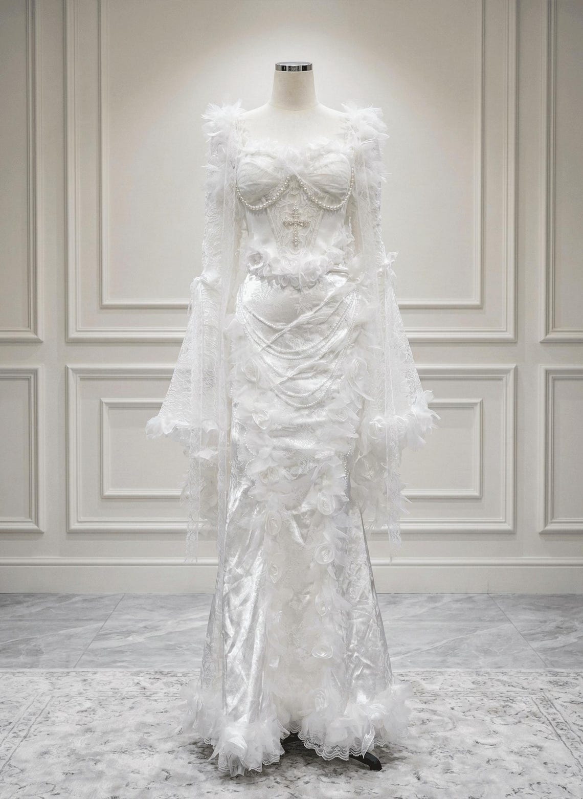 White Gothic Lace Wedding Dress, Feather Corset Gown, Angelic Victorian ...