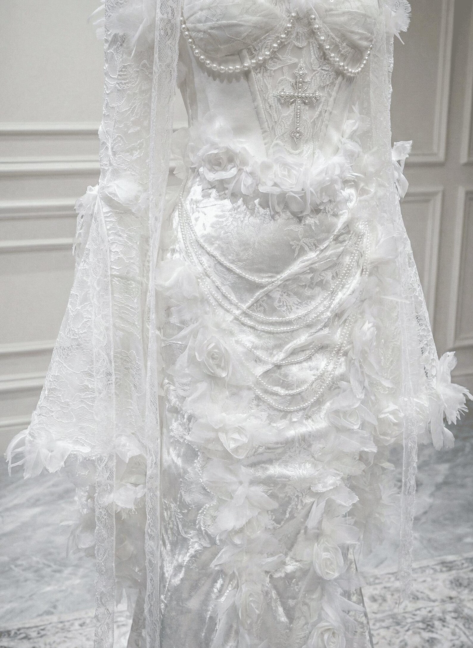 White Gothic Lace Wedding Dress, Feather Corset Gown, Angelic Victorian ...