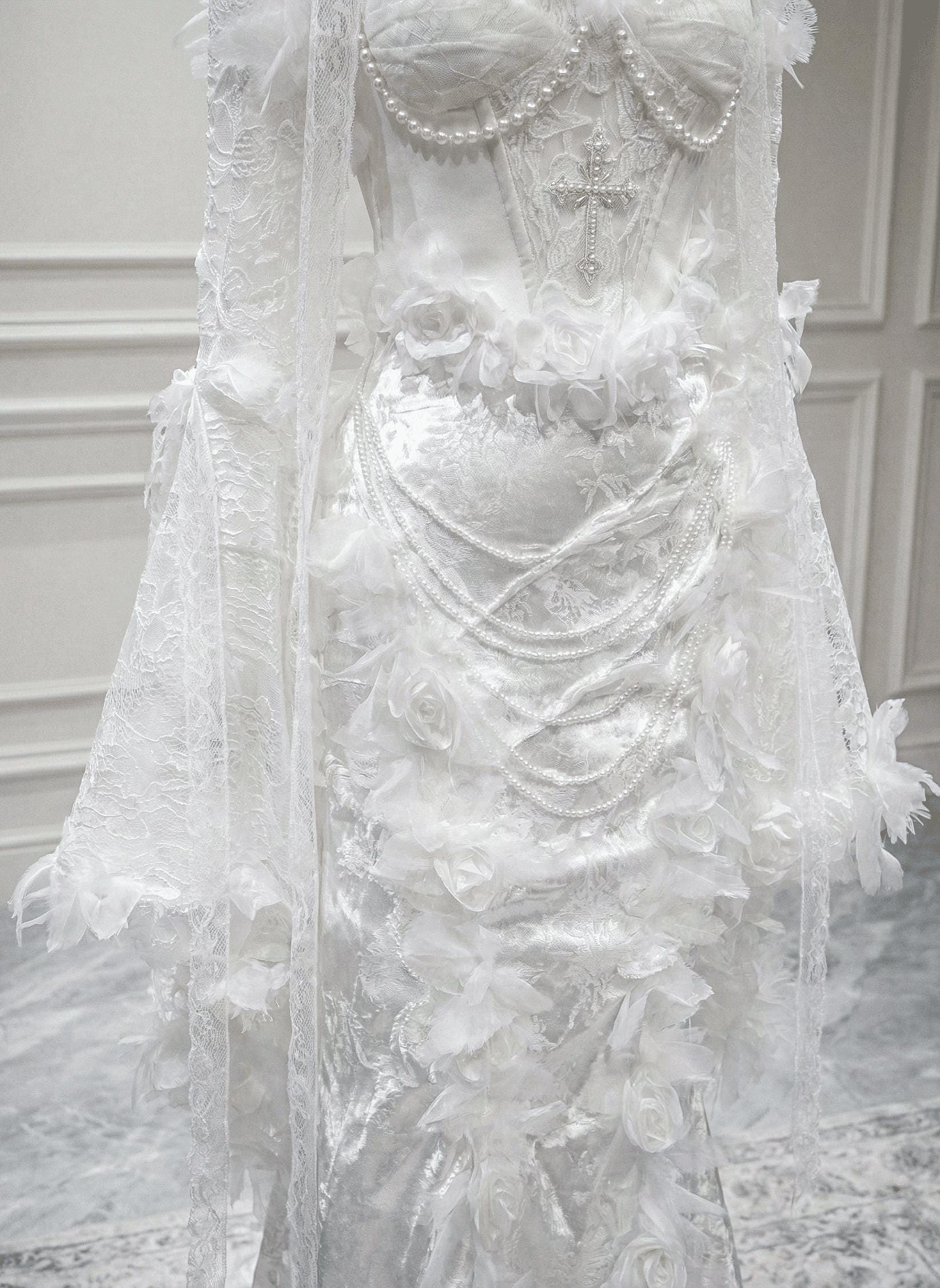 Angelic Robe White Gothic Lace Wedding Dress, Feather Corset Gown, Angelic Victorian ...