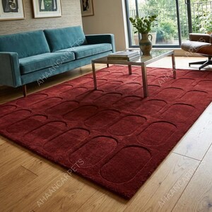 Hand Tufted Wool Area Rug, Burgundy Red Geometric Rug, Modern Living Room Rug, Scandinavian Arch Pattern Carpet, Handmade Custom Size Rug