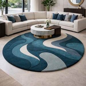 Hand Tufted Round Abstract Rug, Blue Wave Area Rug, Modern Living Room Carpet, Soft Wool Circular Designer Custom Size Rug