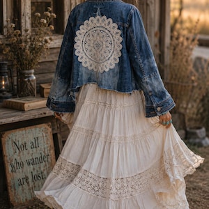 May include: A dark blue denim jacket featuring a large, circular cream-colored lace appliqué on the back, paired with a long, tiered cream-colored skirt adorned with intricate lace inserts and a ruffled hem, worn with brown leather boots.