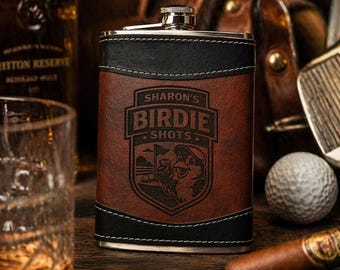 Petaca de cuero grabada con láser personalizada / Petaca personalizada de regalo para hombres / Petaca de golf, regalo para padrinos de boda, petaca para bar o taberna / Logotipo con nombre personalizado