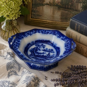Antique J & M.P. Bell Flow Blue Ironstone Pedestal Serving Bowl, Victorian Scottish Transferware Centerpiece, Blue White Oriental Landscape