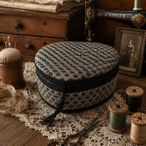 Vintage Fabric Covered Sewing Basket with Insert Cottagecore Embroidery Box Retro Sewing Organizer Grandmacore Craft Storage Needlework Case