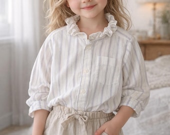 Camisa infantil reciclada con cuello de volantes / Talla 10 Top de rayas suaves