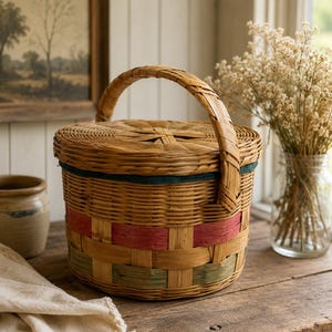 Vintage Woven Sewing Basket with Lid Lined Wicker Basket Handmade Picnic Basket Cottage Storage Basket Rustic Farmhouse Decor