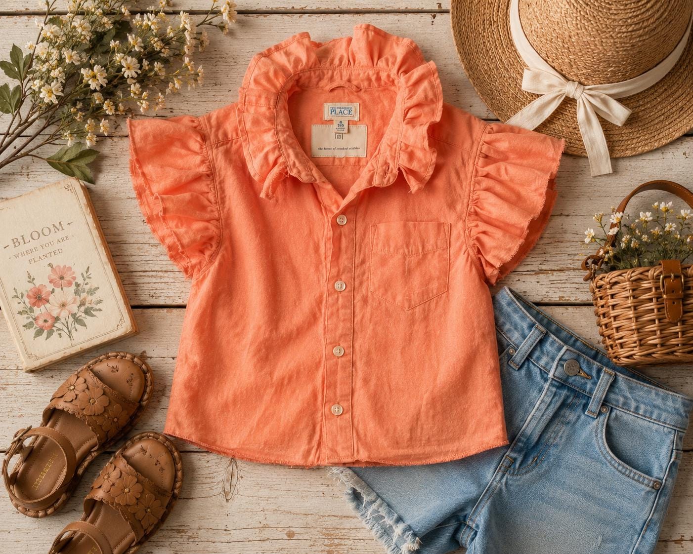 Girls Linen Ruffle Blouse Size 5/6 Upcycled Children's Place Shirt Handmade Boutique Flutter Sleeve Top Coral Cottagecore Clothing