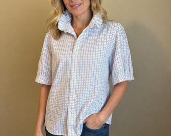Damen Rüschenkragen Button Up Shirt Mittel Rosa Blau Rot Dot Print Bluse Box Falte Ärmel Top Vintage Style Leichtes Shirt Cottagecore