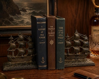 Vintage Cast Iron Ship Bookends | Old Ironsides Ship Bookends | Heavy Brass Patina Nautical Library Decor | Maritime Office Shelf Accent