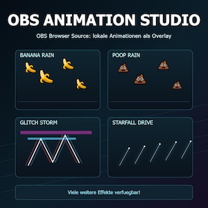 Könnte beinhalten: Grafik für OBS Animation Studio mit Animationsbeispielen. Enthält "Banana Rain" mit gelben Bananen, "Poop Rain" mit braunen Kackhaufen-Emojis, "Glitch Storm" mit einer Wellenform und "Starfall Drive" mit weißen Linien. Der Text lautet "OBS ANIMATION STUDIO".