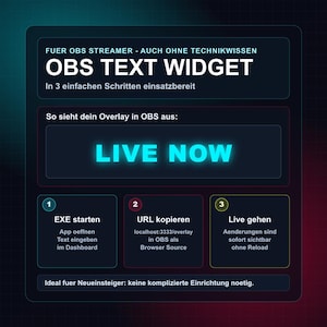 Könnte beinhalten: Eine digitale Grafik mit dem Text "OBS TEXT WIDGET" und Anweisungen für OBS-Streamer. Die Grafik enthält Schritte zum Einrichten eines Live-Overlays, wobei die Worte "LIVE NOW" prominent angezeigt werden. Das Farbschema ist dunkelblau und rot.