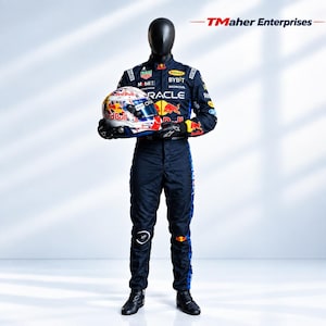 May include: A dark navy blue racing suit featuring multiple sponsor logos such as Oracle, Red Bull, and Honda, worn by a black mannequin holding a white, red, and blue racing helmet. The text TMaher Enterprises is visible in the top right corner.