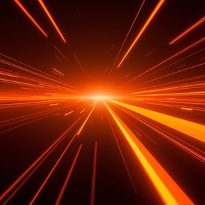 Peut inclure: Œuvre d'art numérique abstraite avec un fond sombre et des traînées de lumière orange vif rayonnant d'un point central. Les lignes créent une sensation de vitesse et de mouvement, avec une source de lumière vive au centre.
