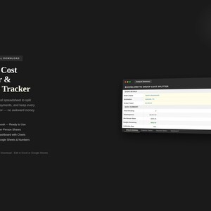Puede incluir: Un gráfico de descarga digital sobre un fondo oscuro. El texto dice "Group Cost Splitter & Money Tracker" y describe una hoja de cálculo de Excel para el seguimiento de gastos. Una pantalla de ordenador muestra una hoja de cálculo con los detalles del evento.