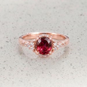 Oval Lab Ruby Halo Engagement Ring, 14K Rose Gold Plated, Adjustable Promise Ring