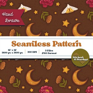 Può includere: Un motivo senza cuciture con lune, stelle, fiori e farfalle su sfondo marrone. I testi "Hand Drawn" e "Seamless Pattern" sono visibili. Il design è di 30,48 cm x 30,48 cm a 300 DPI e include 3 file PNG.