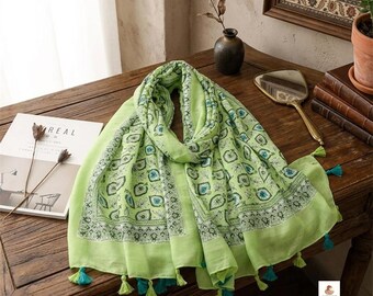 Aztec Floral Tassel Scarf | Soft Viscose Wrap, Oversized Ethnic Shawl