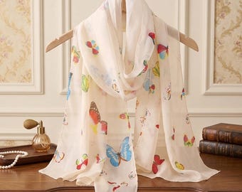 Chiffon Tuch: Kopftuch mit Schmetterlings-Print, Sonnenschutz-Schal, Strand-Reise-Accessoire