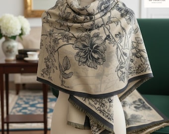 Bufanda de cachemira retro de doble cara con estampado de rosas cálidas para mujer