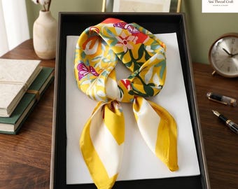 Écharpe carrée de luxe en satin de soie pour femme - Écharpe élégante pour cheveux avec hijab, foulard, ruban pour serre-tête, châle bandana tendance