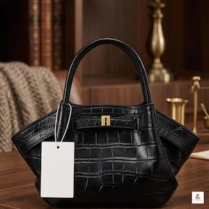 May include: A black handbag with a crocodile-embossed texture, featuring a structured top handle, a horizontal strap across the front with a gold-toned rectangular metal accent, and a blank white rectangular tag attached by a white string.